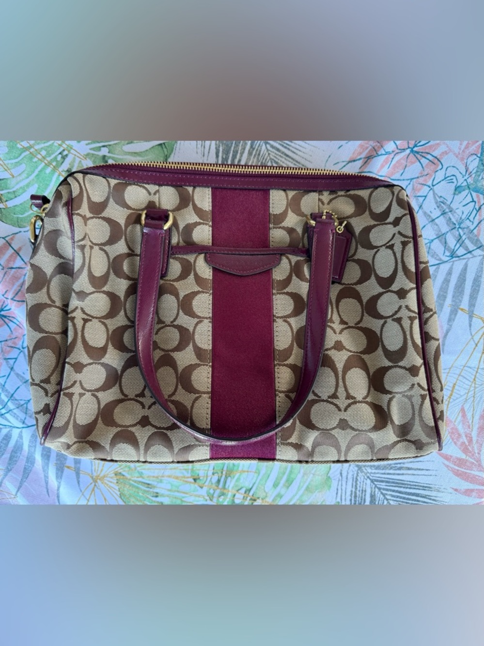 Coach Signature Monogram Bag - Nancy Satchel with Merlot Accents - NWT